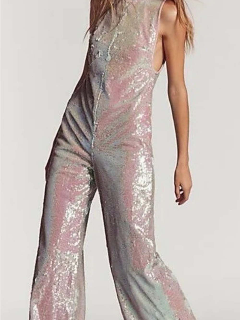 Free People Iridescent Sequin Wide-Leg Jumpsuit in Pink and Silver-Blue